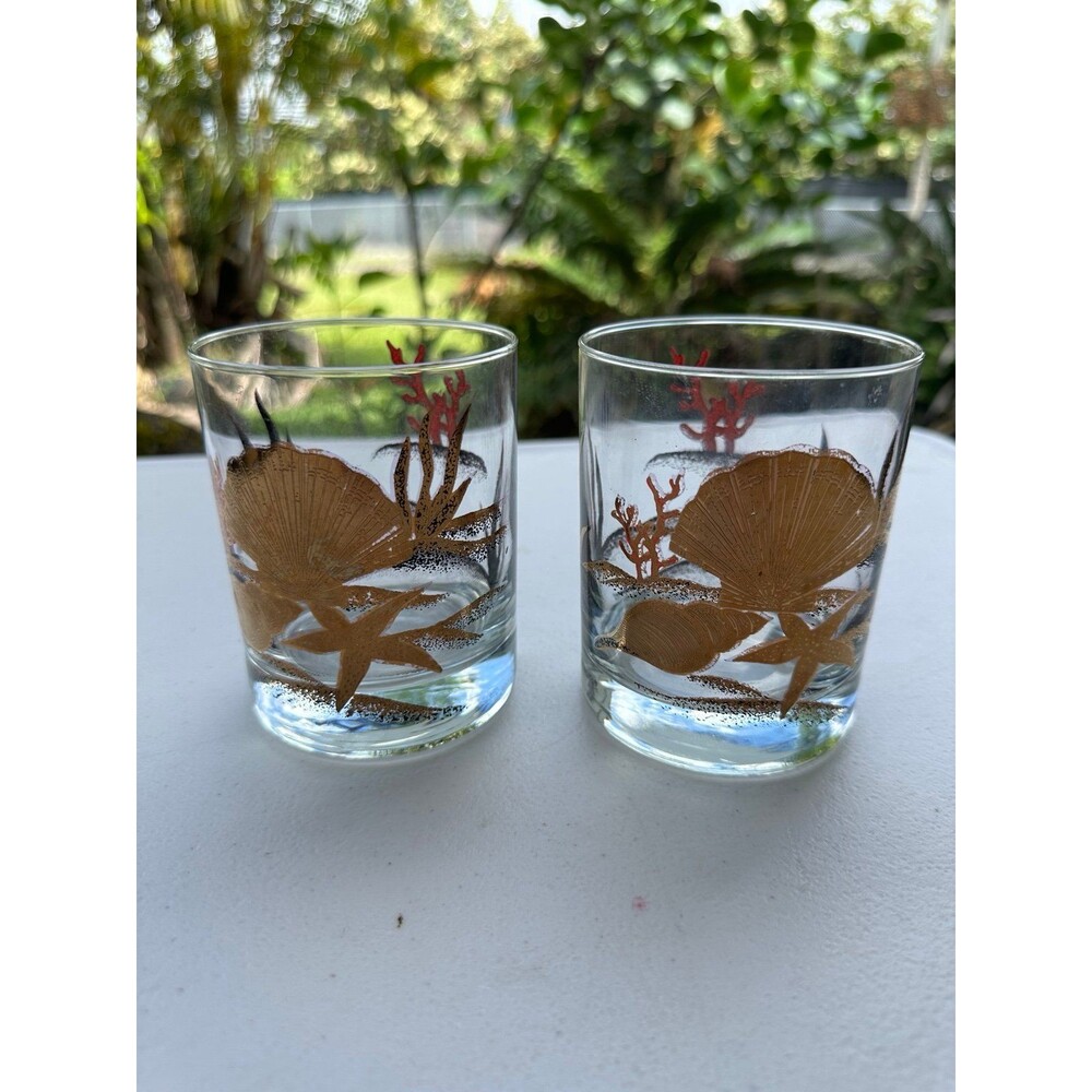 Vintage Set Of 2 Otagiri 22-Karat Gold Gilded Seashell Coral Lowball Glasses
